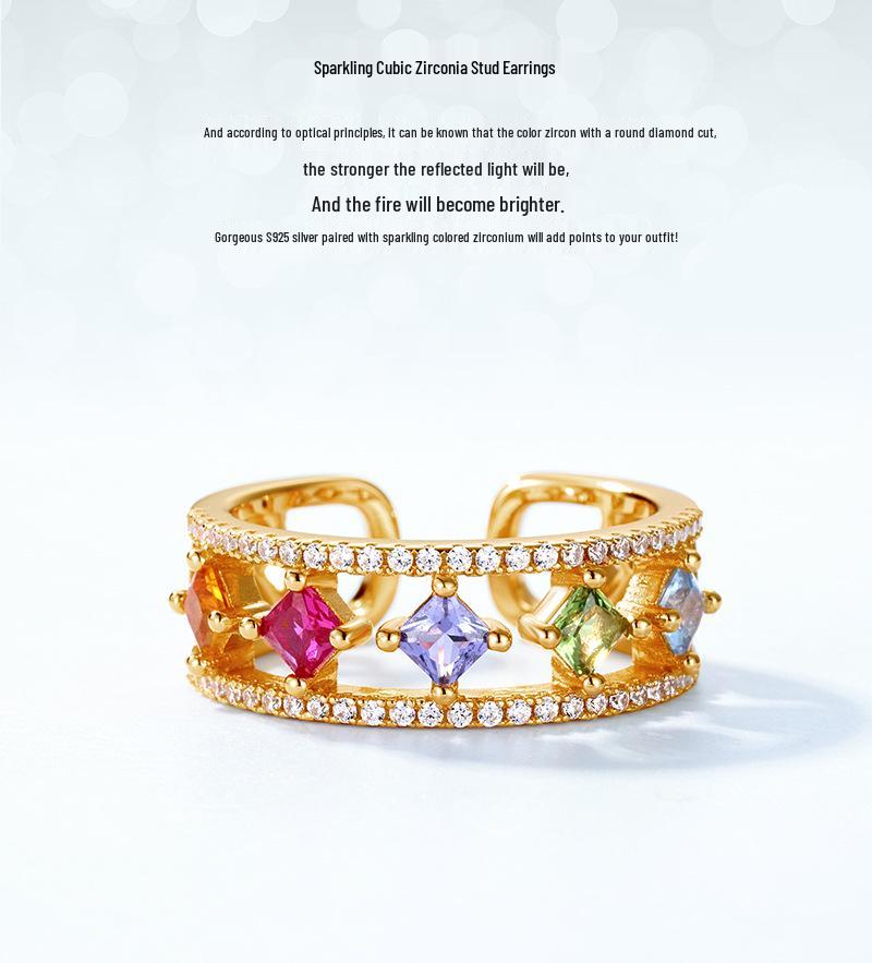 European & American Style S925 Silver Colored Zircon Double-Opening Square Ring - Light Luxury Retro Design