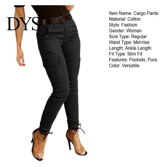 Casual Women Pants Cargo Pure Color Mid-rise Button Zipper Closure Trousers Multi Pockets Design Elastic Cuffs Long Comfortable