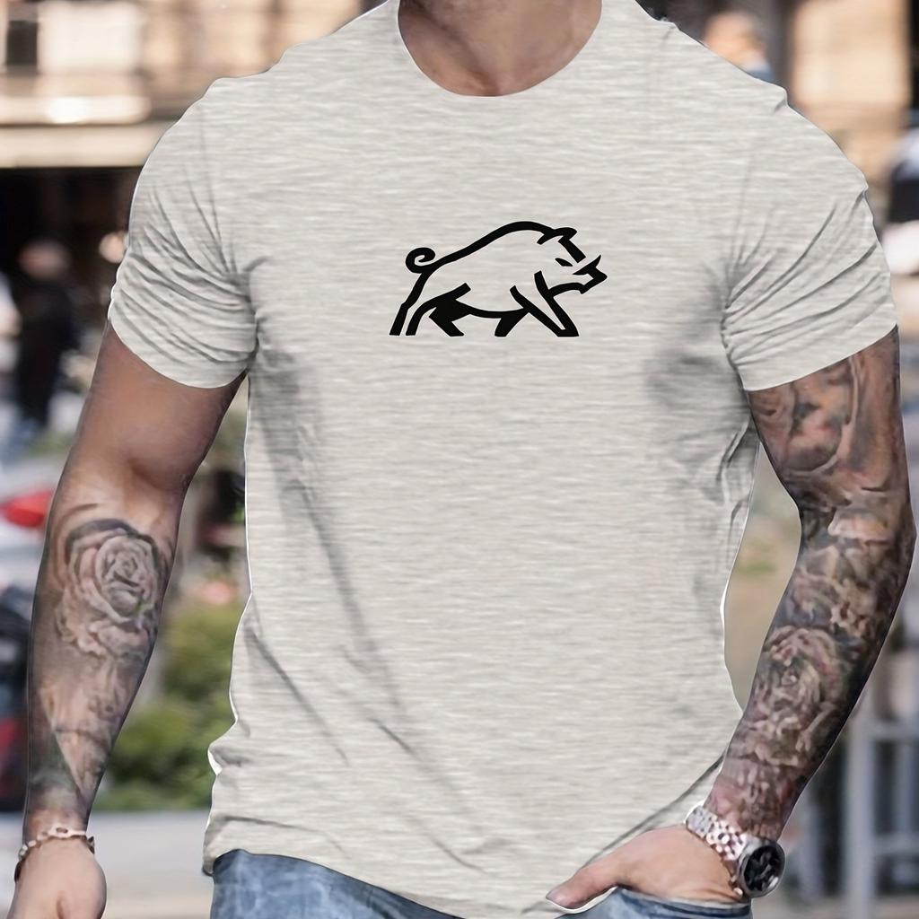Men's Summer Casual T-Shirt with Boar Print Breathable Crew Neck Short Sleeve Men Clothing Comfortable