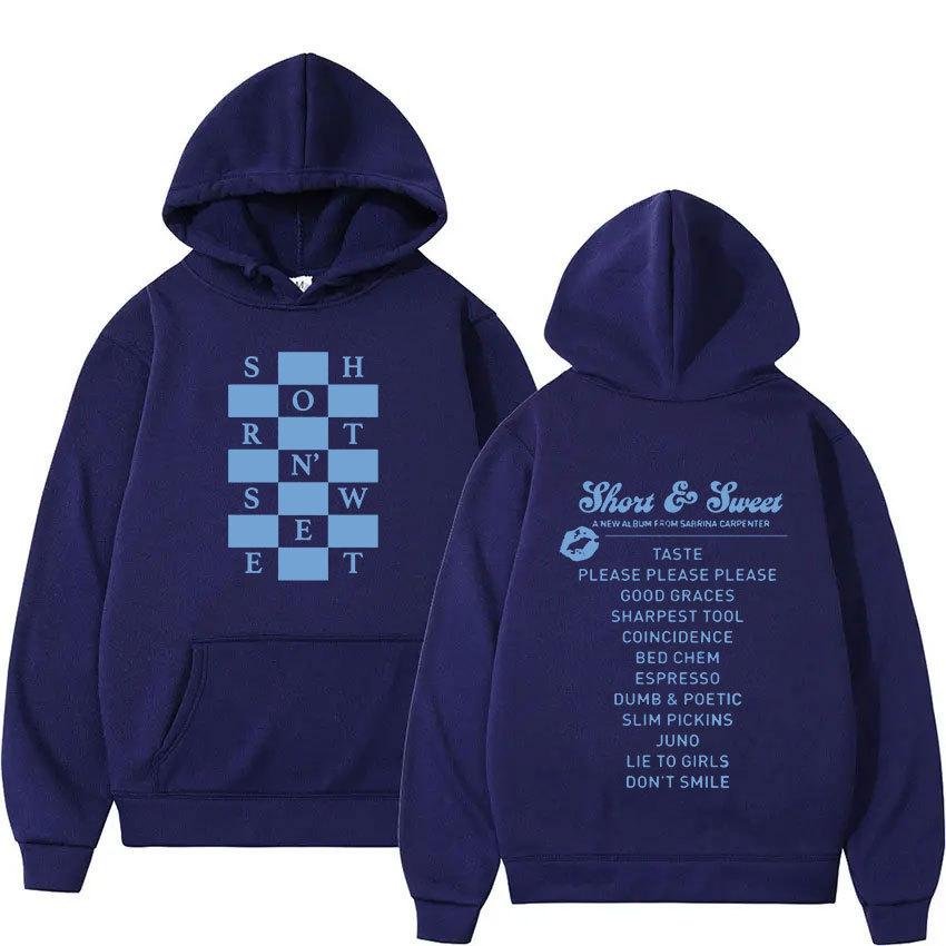 Sabrina Carpenter Hoodie – Unisex Black Double Sided Fleece Sweatshirt, Short & Sweet Album Tracklist & Blue Chess Grid Print, Pop Star Streetwear