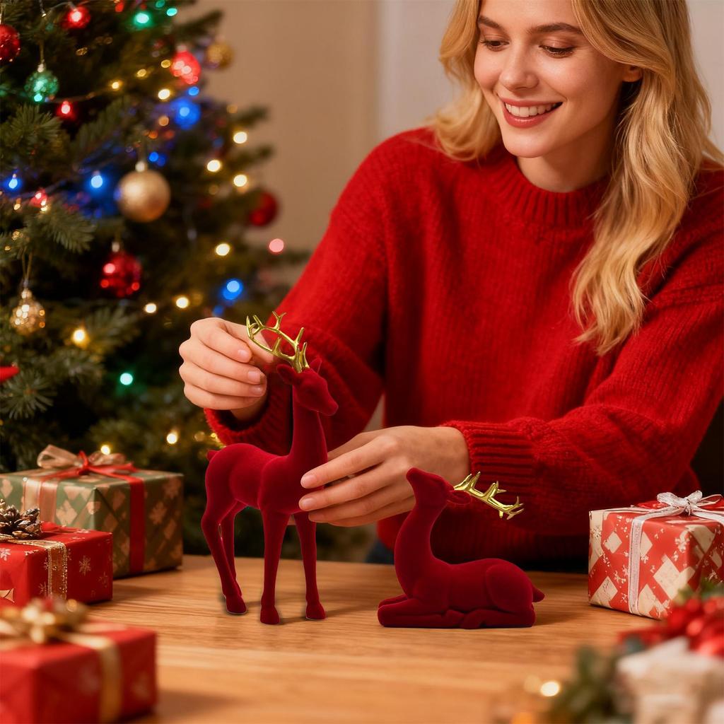 Christmas Deer Figurines Flocking Deer Sculpture 2 Pieces Sculpture Standing Sitting Red Green Elk For Workplace Party Living