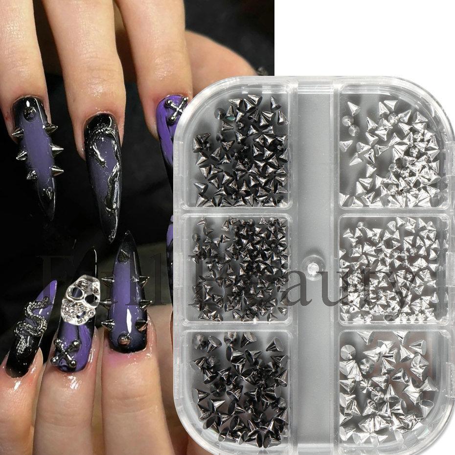 Nail Art Jewelry 6-Grid Boxed Black Silver Rivet Punk Bullet Nail Art Jewelry