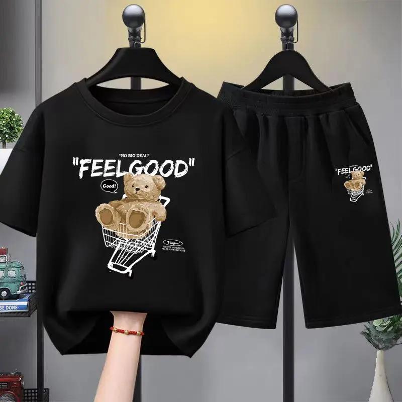 

Летний комплект одежды для маленьких мальчиков, детские футболки и шорты с принтом медведя из мультфильма, костюм из 2 предметов, детская одежда, спортивные костюмы 160