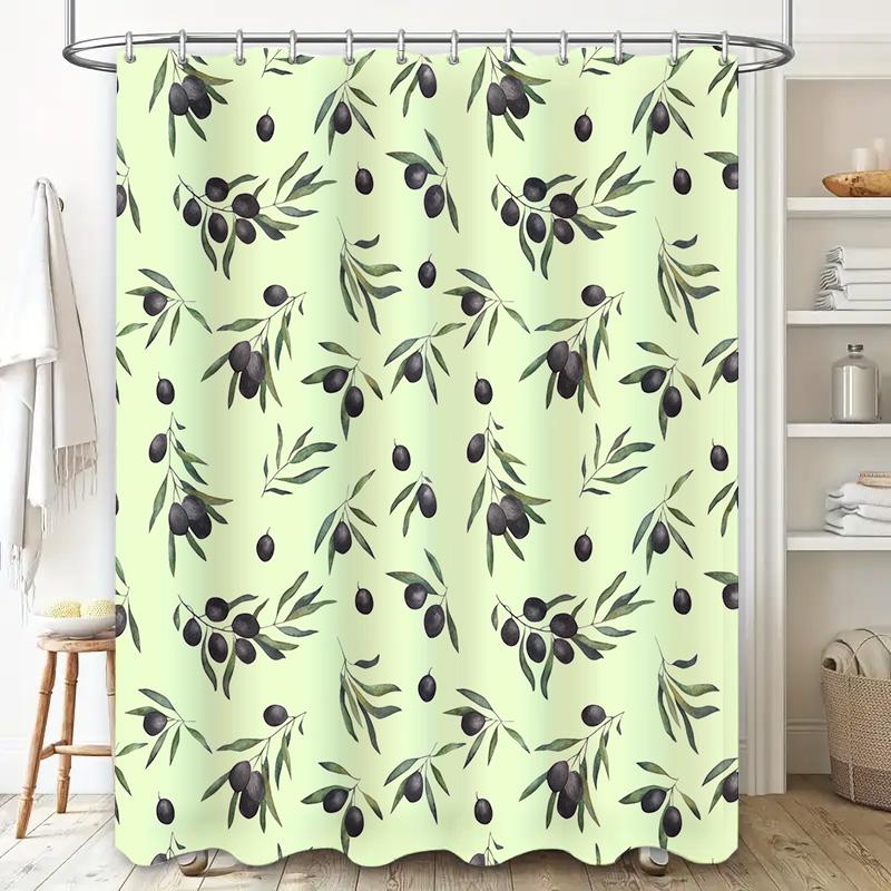 Vintage Bath Shower Curtain With Olive Branches Pattern Home Decor Item For Kitchen Or Bathroom Green Black Colors