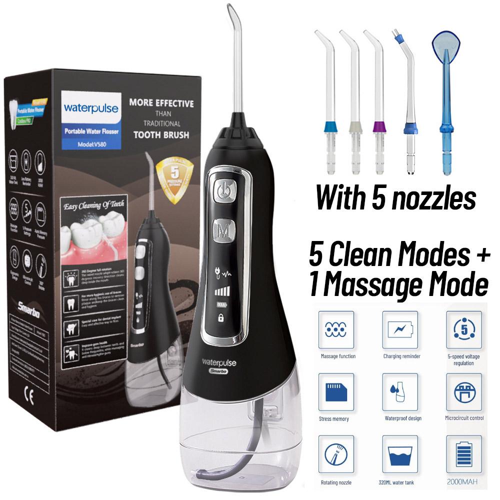 Přenosný ústní irigátor 6 režimů čistič zubů IPX7 vodotěsný zubní vodní flosser bělení zubů 320 ml zubní voda 5 trysek