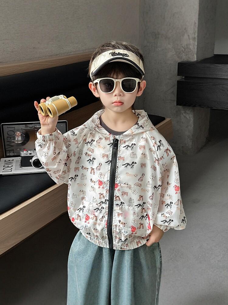 Toddler & Young Boys' 2026 Summer Sun Protection Hooded Jacket - Cartoon Puppy Print, Breathable & Light
