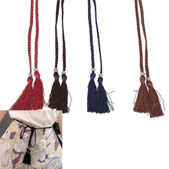 Fashion Women Thin Skinny Waistband Weave Braided Tassel Belt Dress Accessory