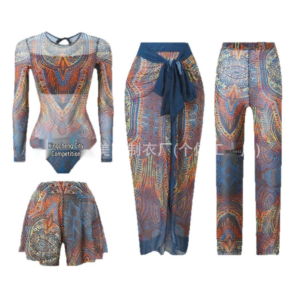Women's Four-Piece Sun Protection Swimsuit Set with Long-Sleeved Top and Mesh Pants