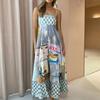 2025 Spring European & American Printed Hand-Painted Spaghetti Strap Dress