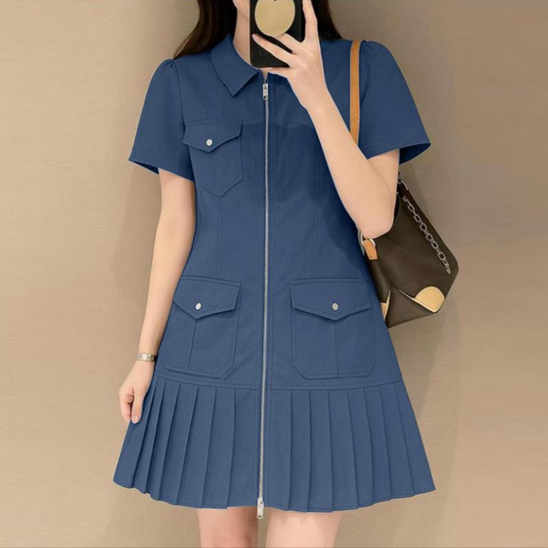 ZANZEA Women Zipper Casual Turn Down Collar Summer Short Sleeve Dress