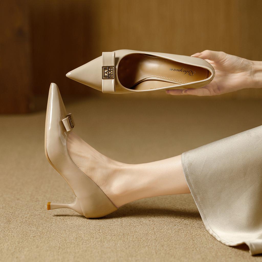 Thin heels high heels 2026 spring patent leather bow pointed red wedding shoes shallow single shoes