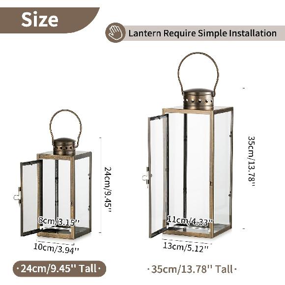 NUPTIO Vintage Lanterns Decorative Indoor: 9.5 inches Tall Hanging Farmhouse Metal Lantern Decor with Glass - Gold Distressed Candle Holder for