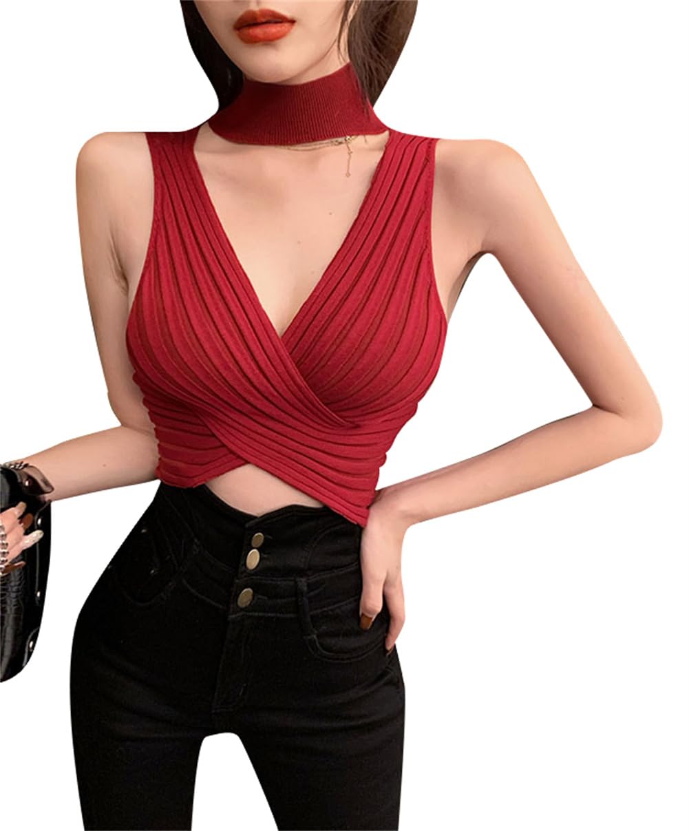 

PTORGE Майка-топ с V-образным вырезом, без рукавов, короткая, облегающая, прилегающая, топ, открывающий живот, сексуальный, вязаный, стильный, повседневный,