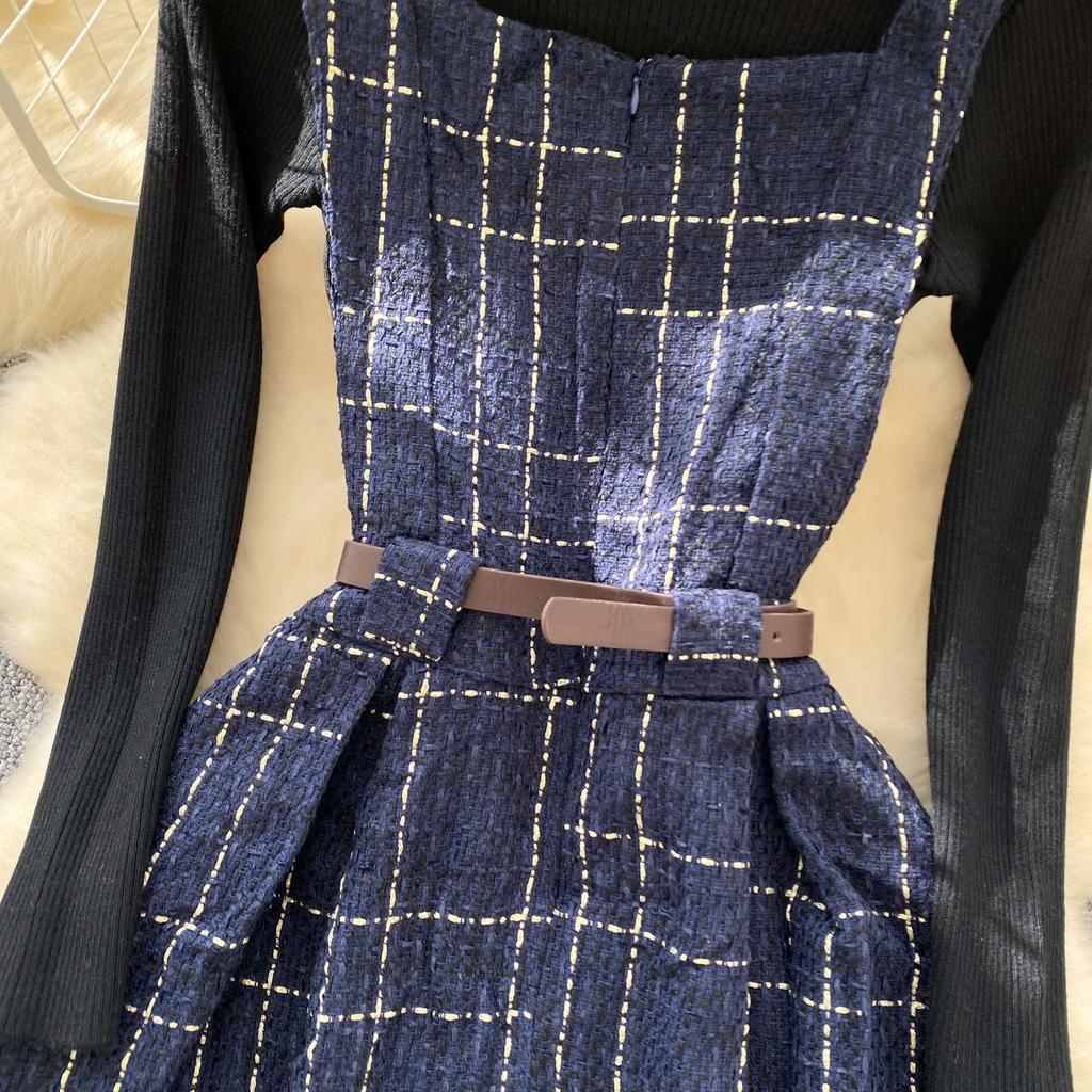 Fall Winter Women Sweater Dress Set Casual Knitted Pullover Tops + Plaid Tweed Dress 2 Piece Outfits Female With Belt