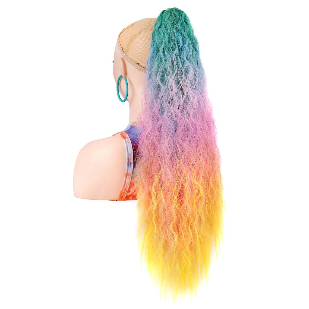 Ponytails Rainbow Ombre Gradient Color Long Curly Ponytail Hair Extension with Claw Instant Styling Hairpiece for Women
