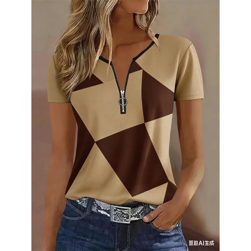 Color-block Quarter-zip T-shirt, Summer Casual Short-sleeve T-shirt, Women's Clothing