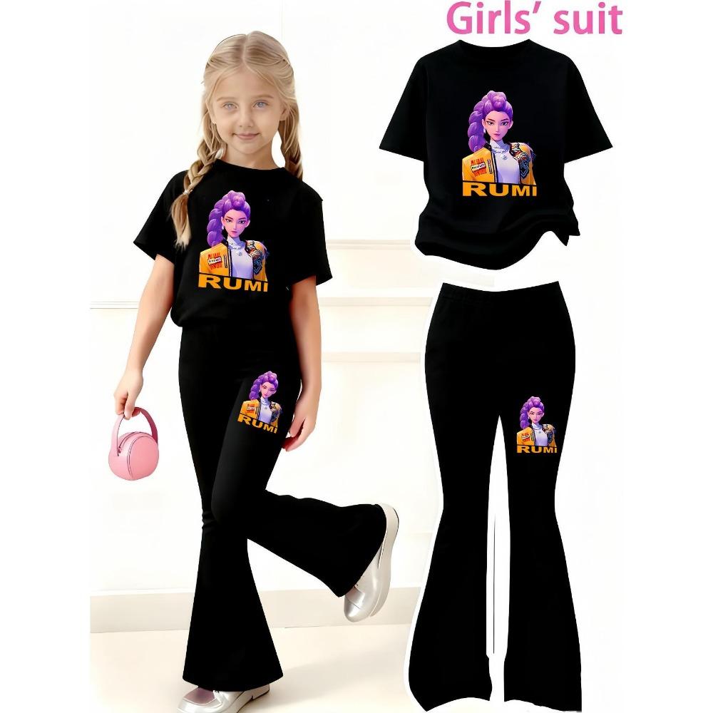 

Children s Clothing, Women s Hunters, Girls Group Pattern Print 2-piece Set, Girls Casual Sports Short Sleeved and Flared Pants Set 160 чорний