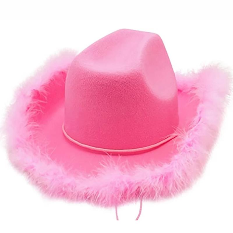 1Pc Gorgeous Fluffy Feather Brim Cowboy Hat Wide Brim Cowgirl Hat All-Match For Mardi Gras Rave Play Dress Up