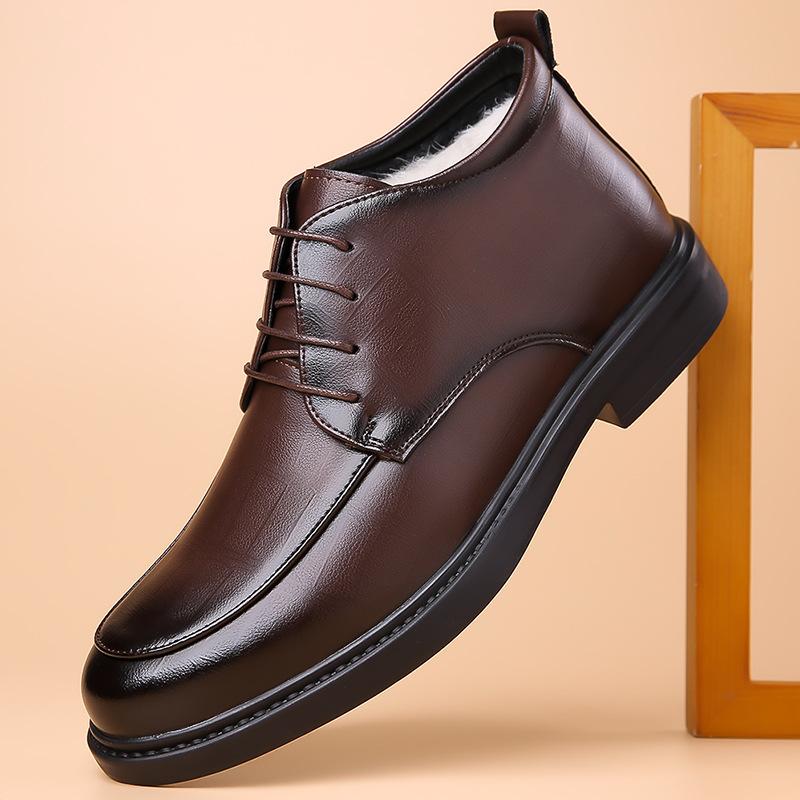 Winter 2024 New Men's Hairy Business Dress Leather Shoes Men's High-top Leather Shoes Fleece Thickened Thermal Cotton Leather