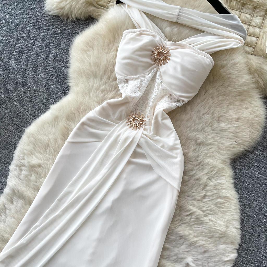 French Neck Lace White Dress Women's Summer Sleeveless Waist Thin A-shaped Long Dress Light Luxury Elegant Style