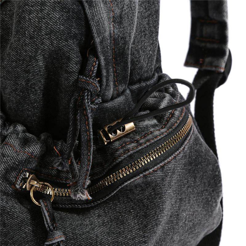 Denim Backpack Women's Fashionable Casual School Bag Trendy Rucksack with Drawstring Pockets