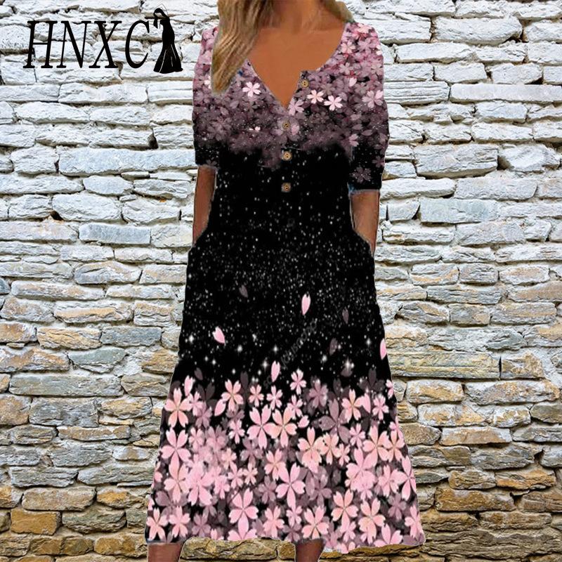 HNXC Elegant Women Dresses V Neck Short Sleeve Button Party Dress Female Summer Vintage Print Dress Casual Loose Floral Ladies Dresses