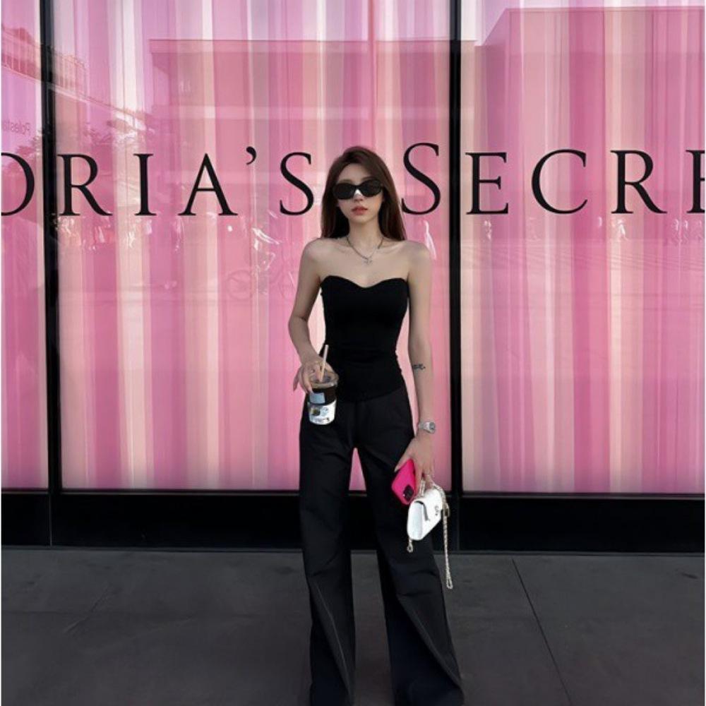 

Sexy black fishbone tube top women s summer three-dimensional design sense outer wear slim and thin chest wrap vest L（ within 65kg чорний