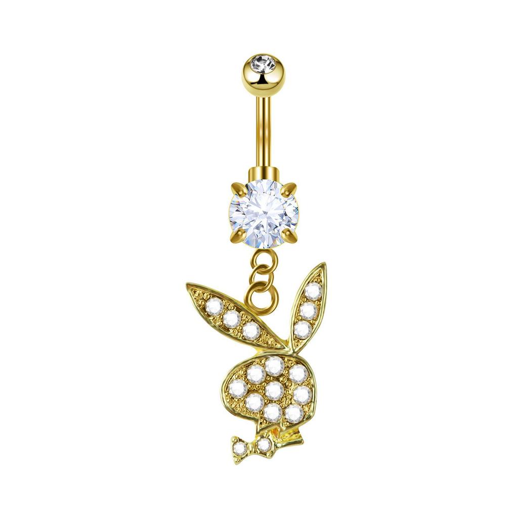 Rhinestone Cartoon Rabbit Stainless Steel Navel Ring with Zirconia