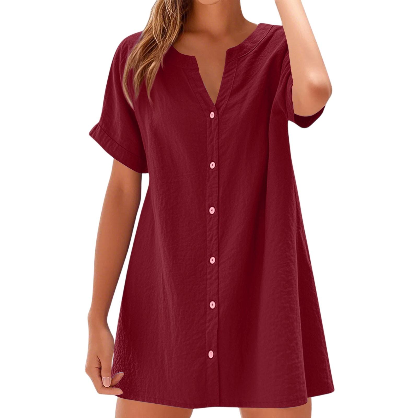 

Women s Casual Fashion Linen Dress V-Neck Button Short Sleeve Loose Dress M винний