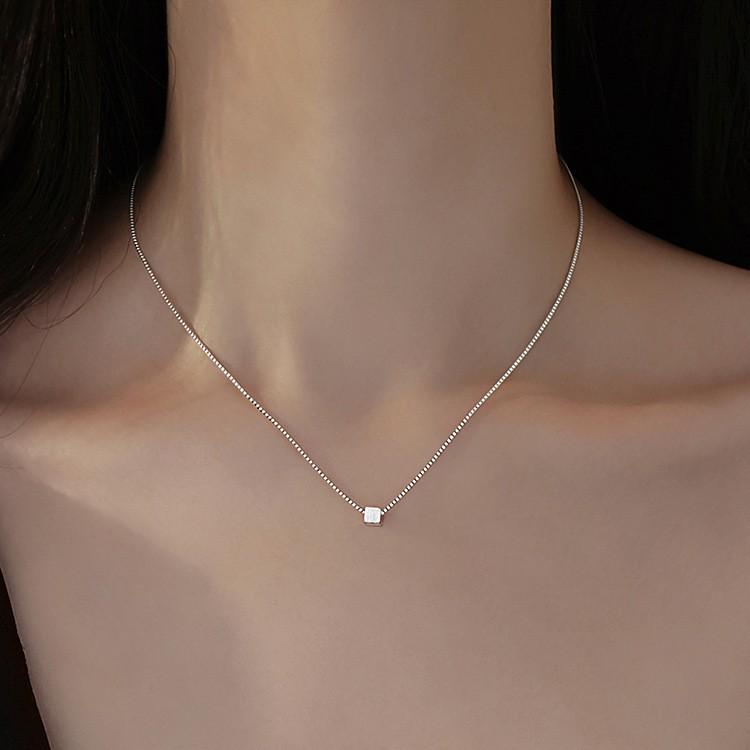 S999 Sterling Silver Brushed Square Pendant Necklace - Elegant, Minimalist Clavicle Chain for Women