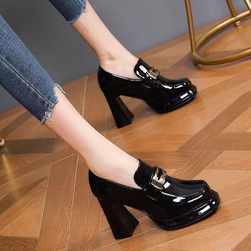 FHC  Spring Patent Leather Chunky High Heels,Women Platform Pumps,Square Toe,Front Metal Buckle,Black,Beige,Apricot,Dropship