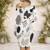 Women Plus Size Chain Strap Cold Shoulder Long Sleeve Printed Irregular Hem Bodycon Dress