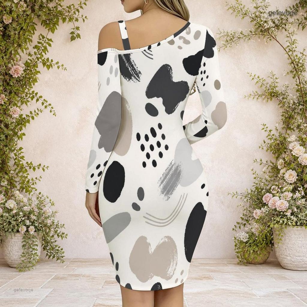Women Plus Size Chain Strap Cold Shoulder Long Sleeve Printed Irregular Hem Bodycon Dress