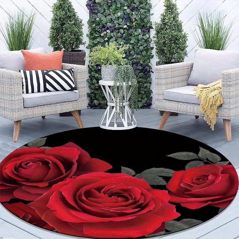 Red rose rug flannel round mat romantic decor bedroom vanity dressing area elegant floral black background luxury feel