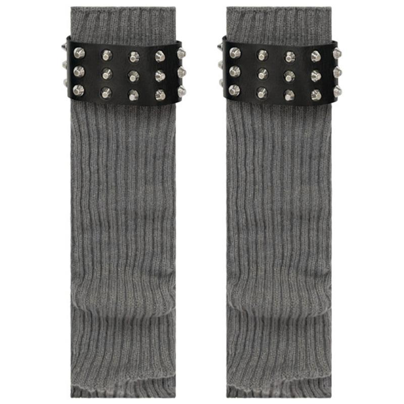 Gothic Punk Ribbed Knit Leg Warmer Sleeve with Metal Rivets Leather Belt Motorcycle Boot Covers Footless Socks for Women