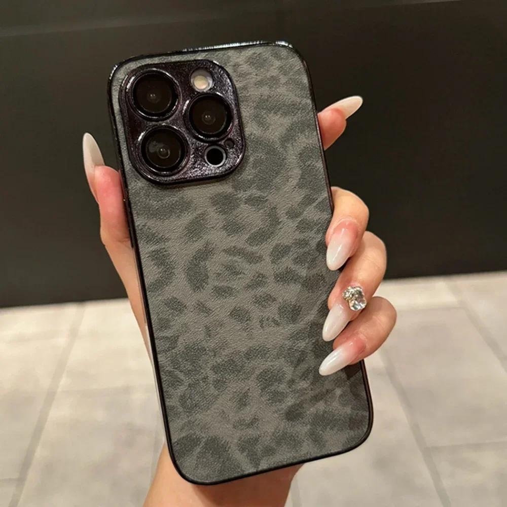 Luxury Leopard Metal Plating Learther Case for iPhone 16 14 11 13 12 15 Pro Max 15 Plus 16Pro Camera Protector Hard Funda Cover