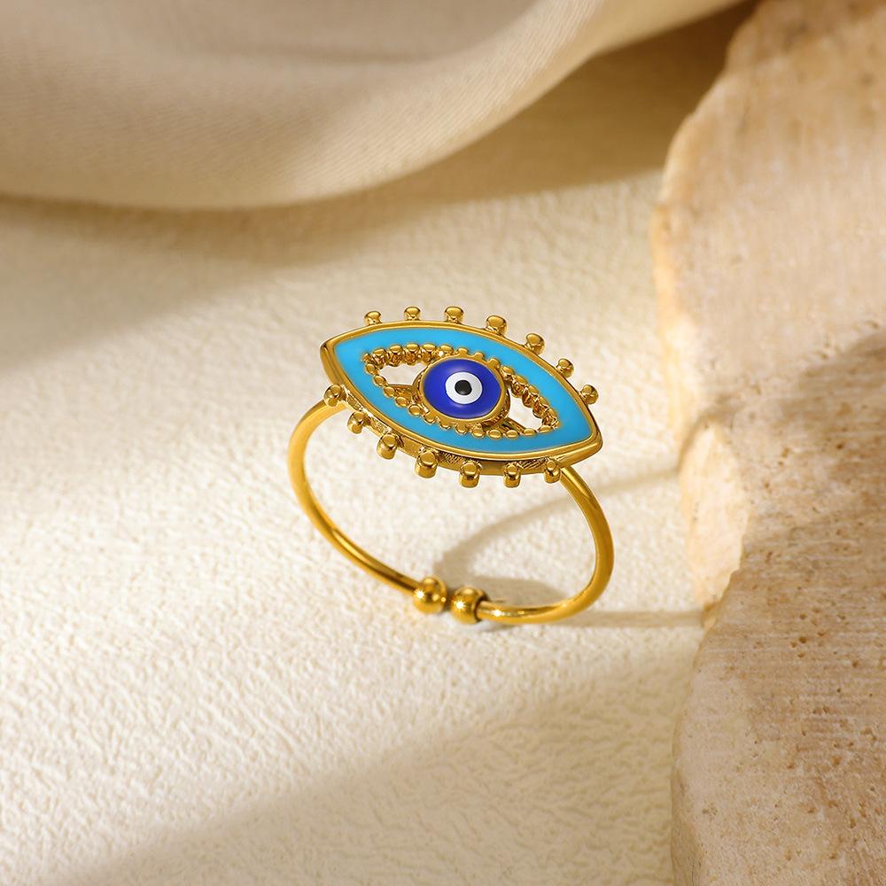 Vintage Evil Eye Rings For Women Gold Color Opening Stainless Steel Oil-Dropping Evil Eye Ring Lucky Aesthetic Turkish Jewelry