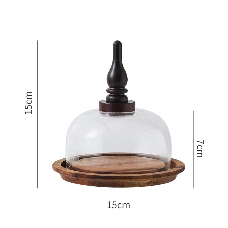 

Wooden Cake Plate Tray with Glass Cover for Dessert Display Bread Butter Box