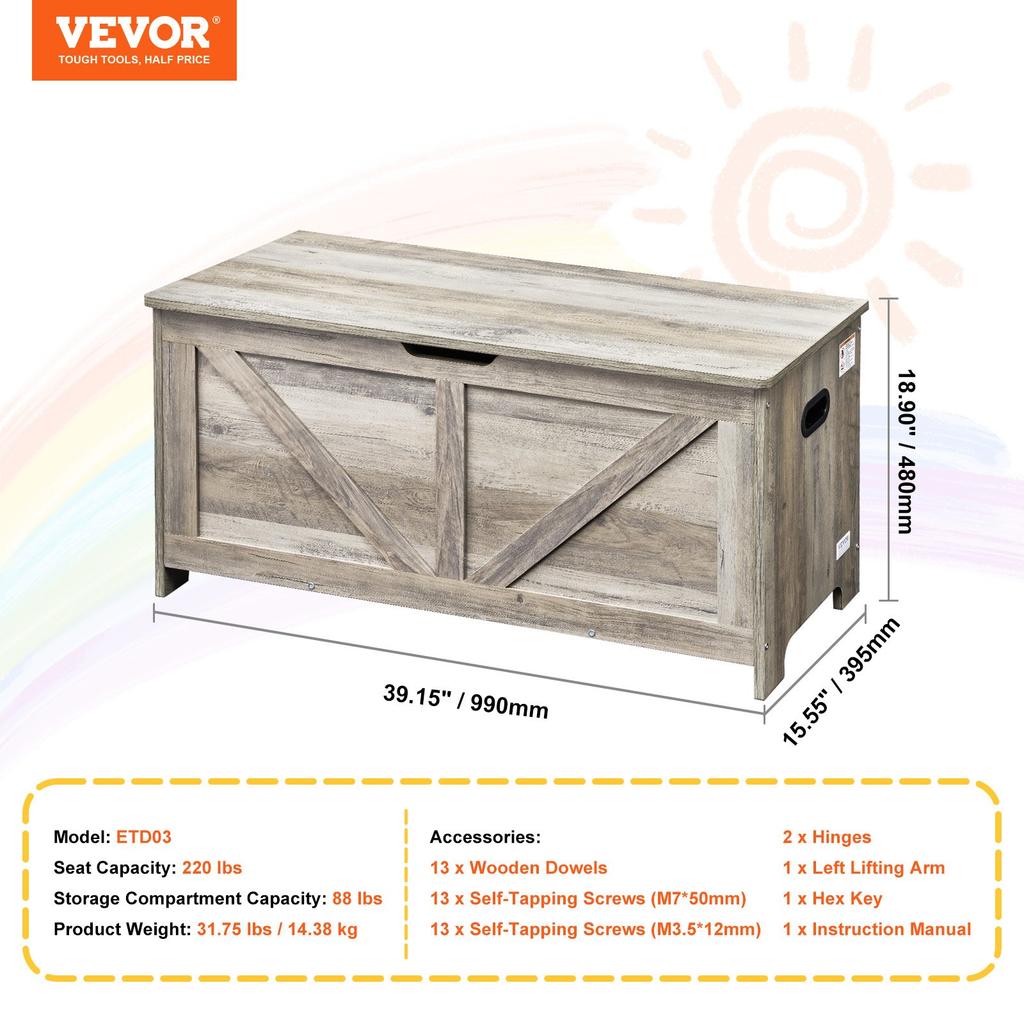 VEVOR Wooden Toy Chest for Kids, Toddler Toy Storage Box with Flip-Top Lid and Safety Hinge