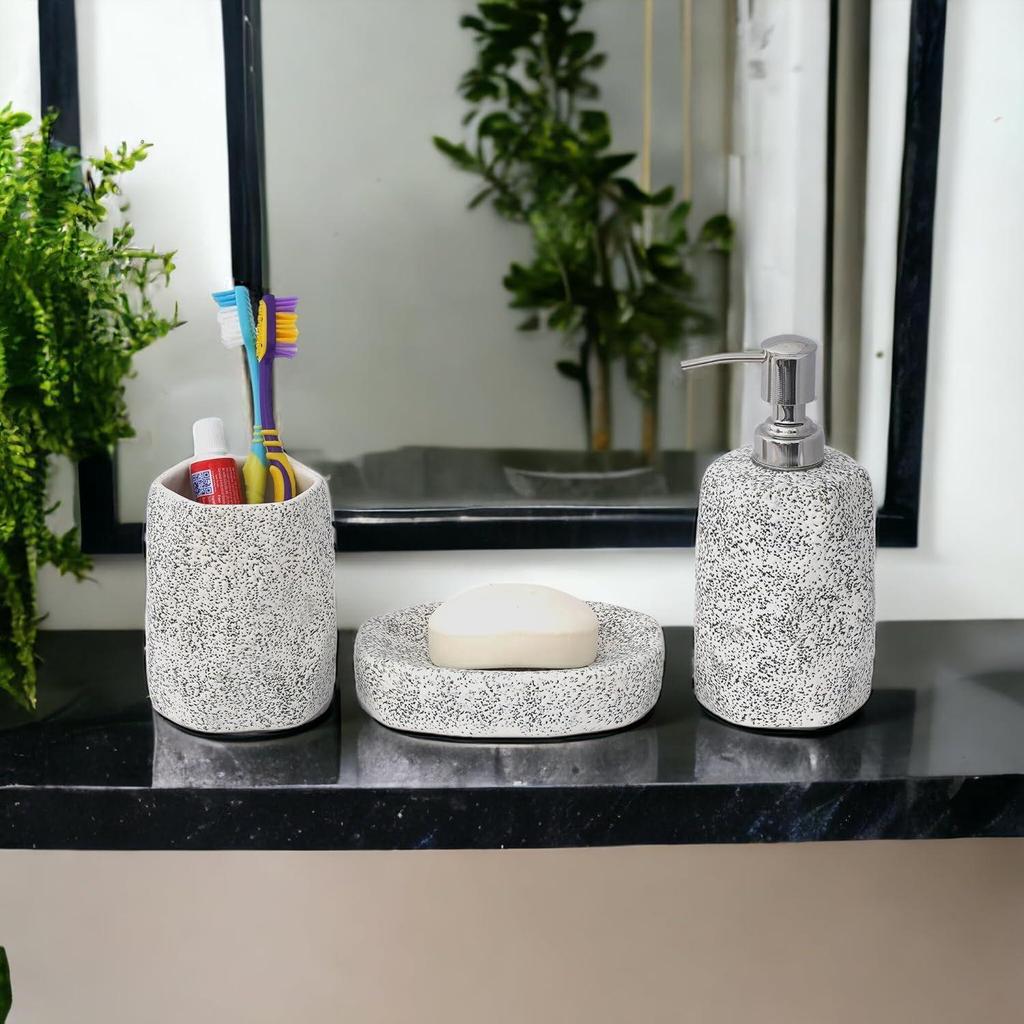 Ceramic Bathroom Accessories Set of 3 | Modern Luxury Bath Set with 300ml Soap Dispenser, Toothbrush Holder & Soap Dish | Bathroom Decor Items