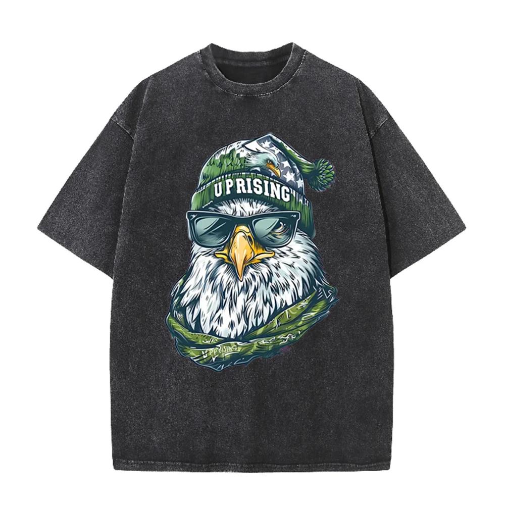 2026 Cool Eagle Uprising Graphic Print Unisex T Shirt Vintage Washed Short Sleeve Crew Neck American Streetwear Casual Tee