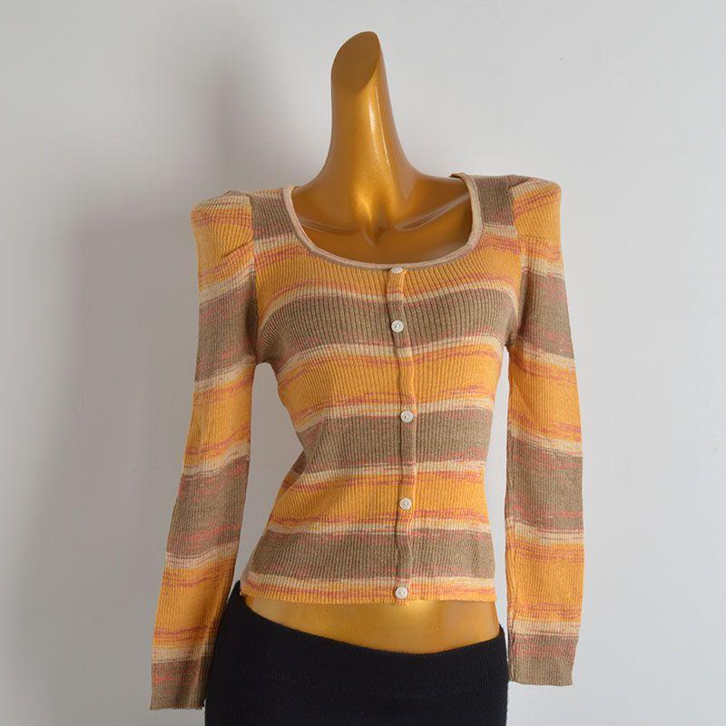 Autumn and Winter New Contrast Color Stripe Square Collar Pullover Knit Women clothes Women clothes Slim fit Slimming Bottoming Shirt Long sleeve Top