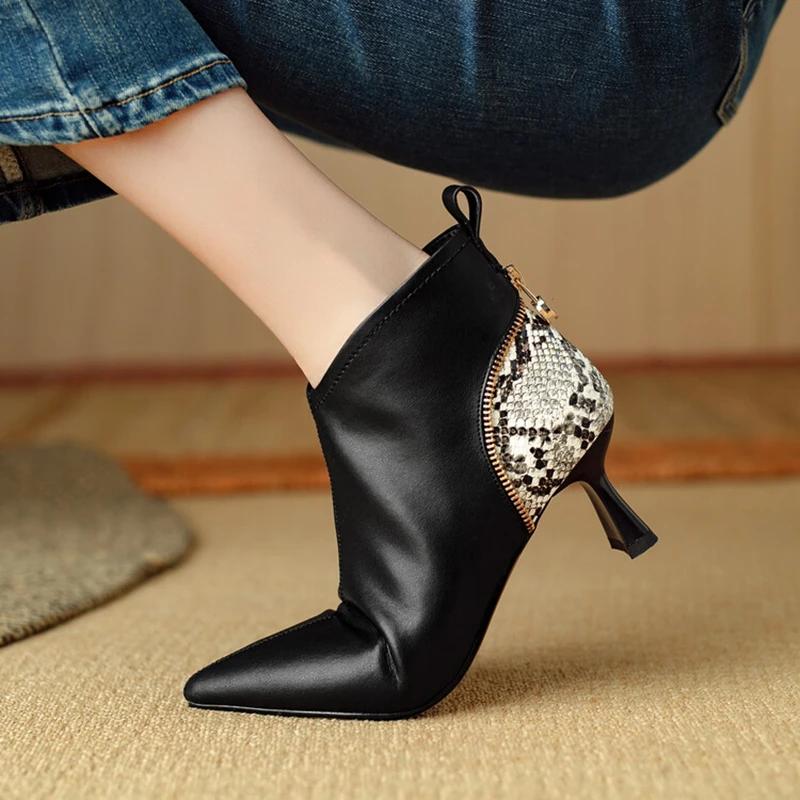 Fashion NEW Autumn Women Boots Pointed Toe Kitten Heel Shoes Split Leather Shoes for Women Mixed Colors Ankle Boots Elegent Zipper Boots