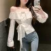Women Sexy Off Shoulder Lace Up Elegant Shirts 2024 Spring Fashion Asymmetrical Design Chic Blouses White Slim Long Sleeve Tops