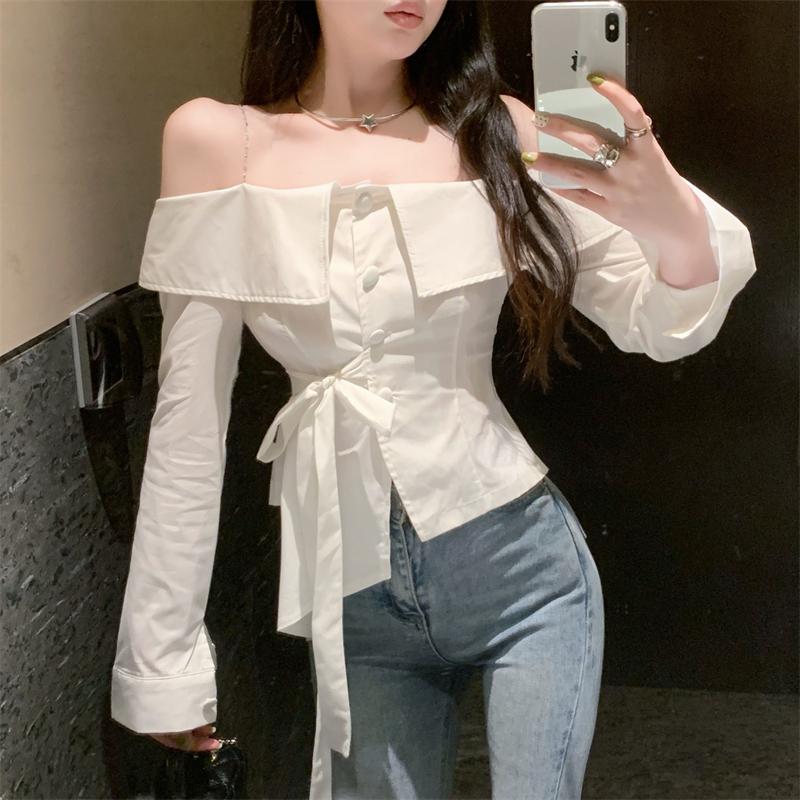 Women Sexy Off Shoulder Lace Up Elegant Shirts 2024 Spring Fashion Asymmetrical Design Chic Blouses White Slim Long Sleeve Tops