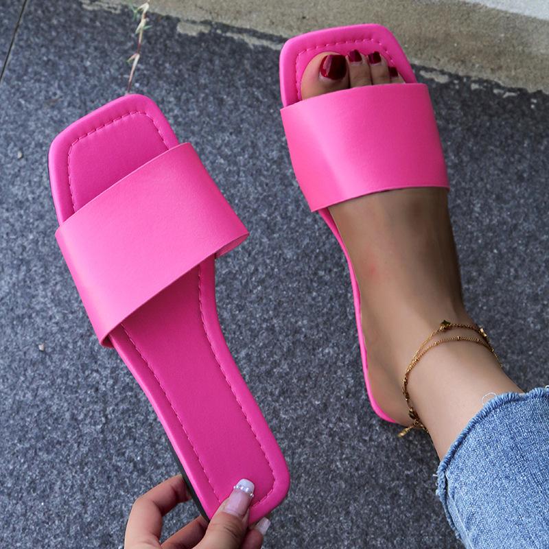Fashion Big Size Square Toe Beach Shoes Woman's Slippers Slides Low Sabot 2025 Summer Soft Flat Hoof Heels Fabric Casual Rubber PU Fretw