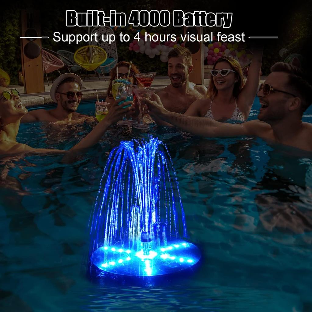 Solar Bird Bath Fountains Upgraded, 4W Solar Powered Water Fountain Pump with 7 Nozzles & 4 Fixers, 4000 Battery, 7 Colors LED Light for Garden,