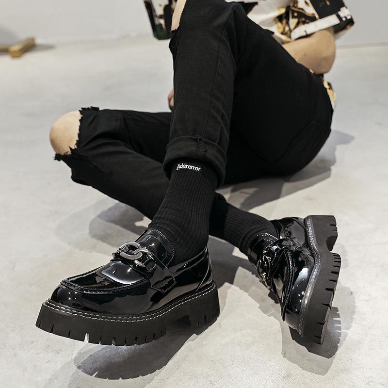 Muffin Shoes Men'S Platform Loafers Spring And Autumn New British Style Black Small Leather Shoes 25891-T