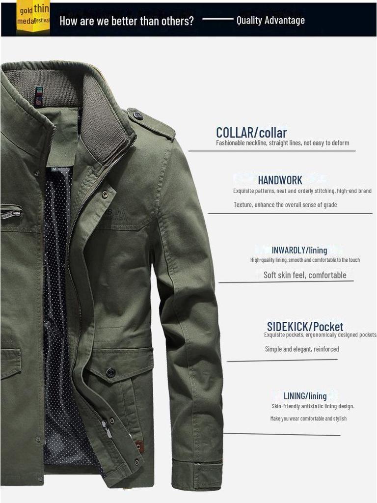 Pánská bunda z čisté bavlny se stojáčkem - Tenká, ležérní, volný střih pro středního věku a starší