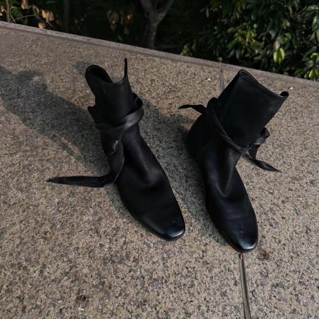 Leather Retro Niche Design Bow Wrap Strap Strap Short Boots Women's Autumn Polished Old Flat Bare Boots Single Boots